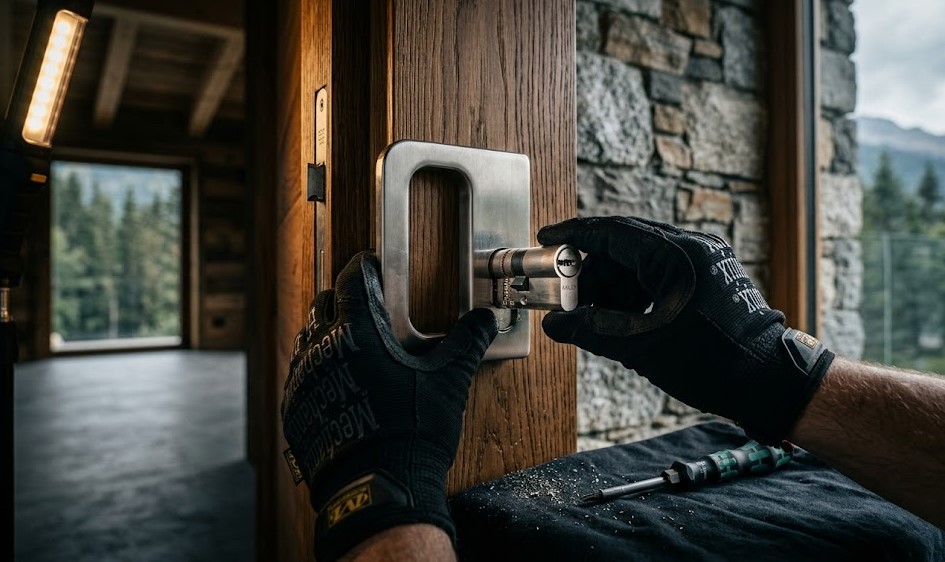 Especialista Cerrajero instalando cerradura premium de alta seguridad en puerta de chalet en Mutilva, Navarra